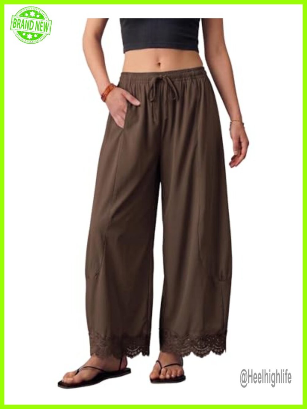 Wide Leg Palazzo Pants 4-Way Stretch Flowy Cropped Lace Hem Boho